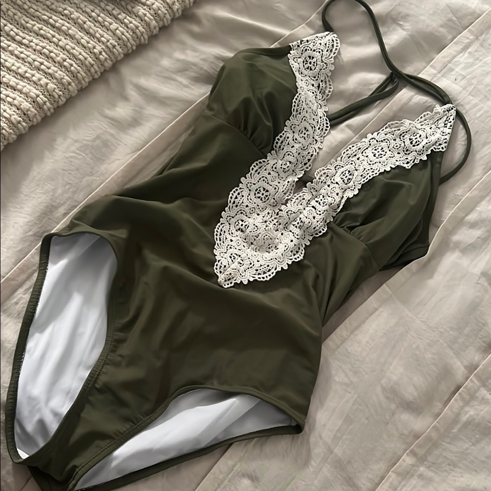 Olive Green Lace Trim Swimsuit